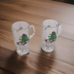 vintage Tienshan Holiday Hostess or Luminarc Noel Christmas glass footed mugs